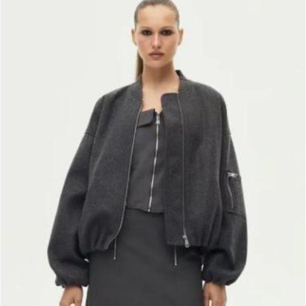 ** NEW ZARA Grey Wool Oversized Bubble Hem Bomber Jacket Size XS ( Fits L)